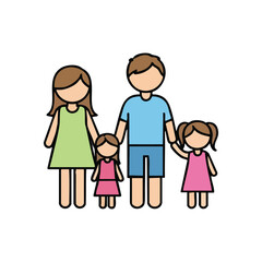 (Happy Family Icon. This vector illustration portrays a complete household with parents and their two little girls. It conveys affection, warmth, and strong bonds.)
