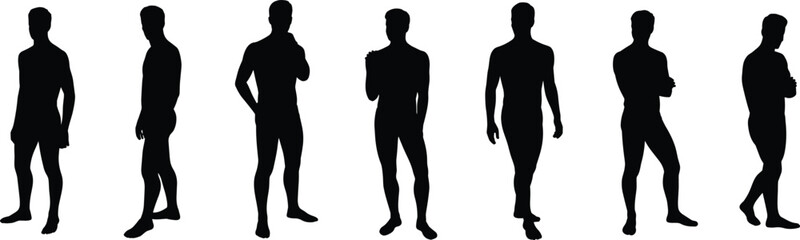 Human silhouettes, varied poses, directional views, posture study, gesture reference, black figures, anatomy guide, art resource, animation design, standing positions