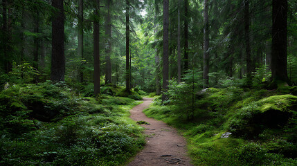 Fototapeta premium A tranquil forest trail winds through a lush and vibrant woodland setting