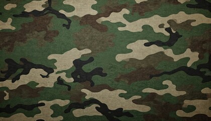 Fototapeta premium Gray fabric surface texture, rough and weathered appearance. Seamless camo pattern for military uniform, brown, green colors. Close-up view of fabric grain, minimalist design.