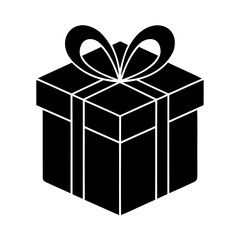 Obraz premium A black and white isometric icon of a closed gift box tied with a bow