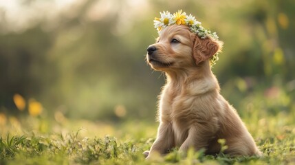 Side view of a golden retriever puppy, sitting quietly, wearing a flower crown, no animal testing concept generative ai