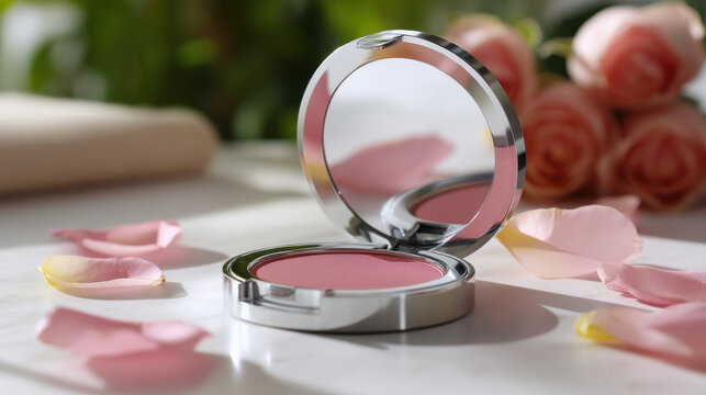 Blush compact with mirrored lid reflecting soft light and petals