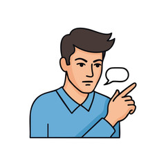 (Thoughtful Man Pointing Bubble. A serious animated gentleman gestures with an empty dialogue box, ideal for conveying ideas, instructions, or representing a query.)