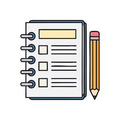 (Checklist Notepad and Pencil Icon. A vibrant doodle illustration of a spiral-bound notebook with a task list, paired with a classic wooden writing implement. Signifies productivity, organization,.)