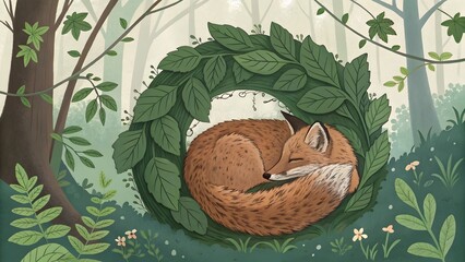 Fox curled into spiral leaf