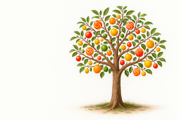 Obraz premium A tree with candy canes and fruit instead of fruit. Space for text.