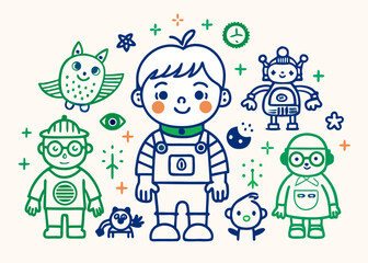 Cute cartoon boy with robot owl and friends vector illustration colorful design for children and kids art vector illustration