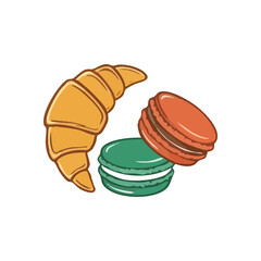 (Sweet Pastries Croissant Macarons. Indulge in a charming illustration of a golden crescent roll and colorful meringue treats. Ideal for menus, cafes, or dessert themes.)