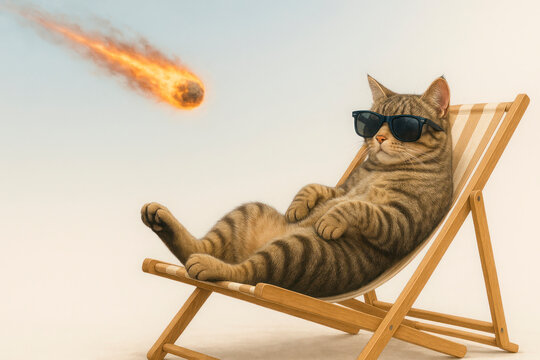 A cat in a sun lounger wearing glasses watches a falling meteorite. Space for text.