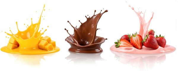 Vibrant splash of yellow, pink liquid on white background. Three chocolate bars in unique flavors, packaging dark, milk, white. Unique flavors, packaging. Dark chocolate bar with glossy finish. Milk