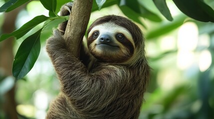 Fototapeta premium Sloth hanging peacefully, with leaves around its neck. generative ai