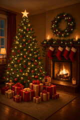Fototapeta premium Cozy Christmas Living Room with Decorated Tree, Fireplace, and Wrapped Gifts