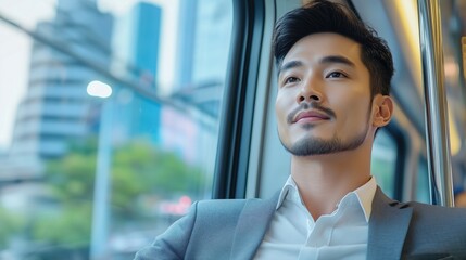 A young Asian businessman in a suit sits on a train, looking out the window with a hopeful, contemplative expression. The moving city view suggests ambition and urban life.