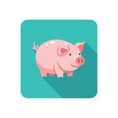 (Sweet Pink Swine Icon Art. Charming flat design illustration of a rosy farm animal with a long shadow on a vibrant teal rounded square. Represents prosperity, savings, and rural life.)