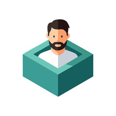 (Bearded Man in Abstract Box. Digital illustration depicts a person with facial hair within a geometric receptacle. Symbolizes identity, limitation, or an interface component. Modern avatar.)
