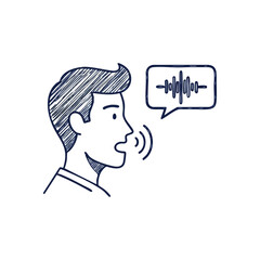 (Voice Communication Doodle Icon. Hand drawn visual of an individual articulating, emitting sonic waves with a verbal waveform bubble. Symbolizes audio input and digital interactions.)