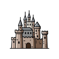 Obraz premium (Enchanted Castle Illustration. Charming fairytale fortress icon, featuring ancient stone towers and an arched entrance. Represents historical architecture, imagination, and security.)