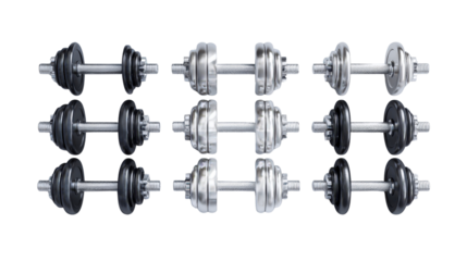 Dumbbell set in various weights, arranged neatly, background isolated on a Transparent background, PNG file.