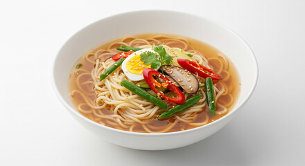 A bowl of noodle soup with a sliced egg green beans and red peppers on a white background
