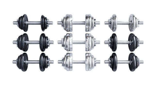 Dumbbell set in various weights, arranged neatly, background isolated on a Transparent background, PNG file.