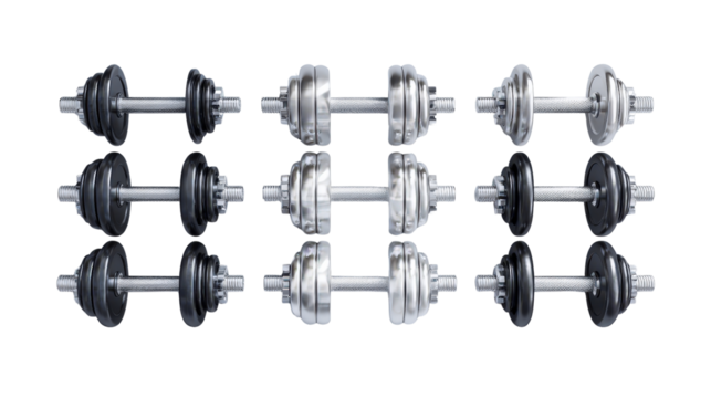 Dumbbell set in various weights, arranged neatly, background isolated on a Transparent background, PNG file.