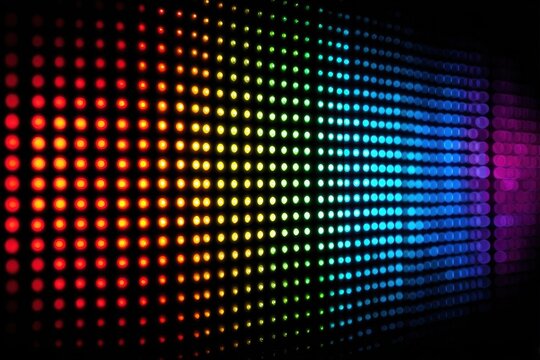 Rainbow array of light emitting diodes or led lights on a dark background display