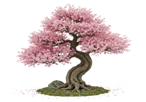 Beautifully detailed cherry blossom tree with pink flowers and twisted trunk isolated on transparent background