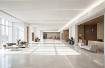 Obraz premium Spacious modern office lobby with bright natural light. Light-colored marble tiles on floor. Curved ceiling with recessed lighting, skylight. Comfortable seating areas with sofas, coffee table,