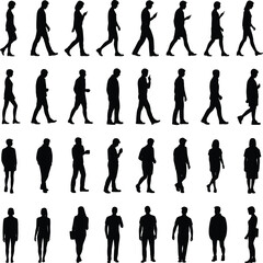 Silhouettes of people walking, standing, holding bags, using phones, black figures, human poses, movement, posture, activity, design elements