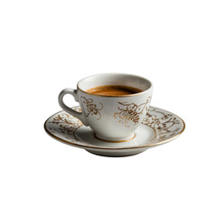 Obraz premium Elegant espresso served in a decorated cup with fine details on a stylish saucer at a cozy café setting