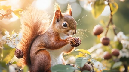 Fototapeta premium Squirrel under soft natural light, surrounded by acorns and flowers. generative ai