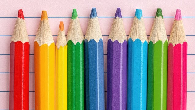Row of colorful pencils on lined paper