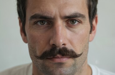 Obraz premium Man with handlebar mustache and sideburn peeks out behind brown frame. Gaze meets viewer. White background contrasts with frame, highlighting man features.