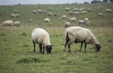 Group of white sheep with black faces graze in green grassy field. Sheep standing, others lie down. Sheep spread out, varying distances from camera. Hazy sky backdrop creates peaceful rural scene.