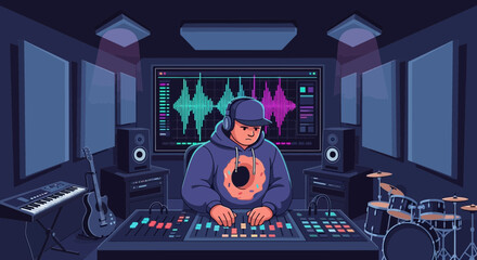 Producer Composing Music With Sound Mixer In Recording Studio