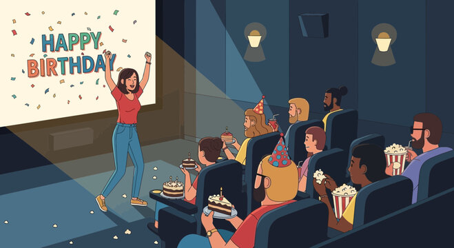 Friends Celebrating Birthday In Cinema With Surprise And Party Hats
