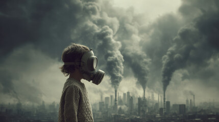 Side view of child in gas mask facing polluted industrial skyline