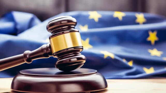 Judicial gavel resting on its stand, with flag featuring golden stars on blue background blurred behind it. This suggests themes law, justice, international governance.