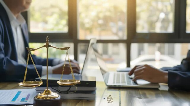 Scales justice set on wood desk with people working on laptops. Graph, books, other office items fill scene. Sunlight streams in through window.