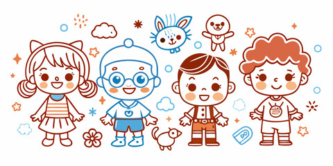 Illustration of cute kids children cartoon characters happy fun drawing vector design adorable cheerful playful art vector illustration