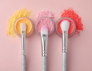 Three jars of colorful powder makeup with matching brushes on a pink surface