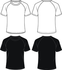 T-shirt front back view, white and black color, short sleeve round neck design, fashion apparel sketch, cad drawing flat vector illustration