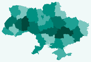Map of Ukraine with regions. Just a simple country border map with region division. Teal color palette. Flat Ukraine shape with administrative division. Vector illustration.