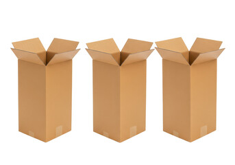 Three tall open cardboard boxes ready for packing and shipping isolated on transparent background