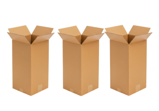 Three tall open cardboard boxes ready for packing and shipping isolated on transparent background
