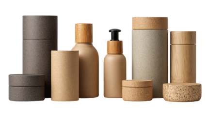 Eco-friendly cosmetic packaging made of recycled materials isolated on a Transparent background, PNG file.