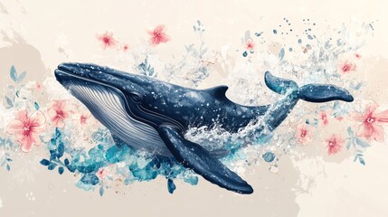 Whale illustration breaching from water, stylized floral splashes, generative ai