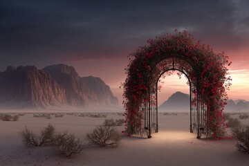 Desert archway, draped in roses, at dawn