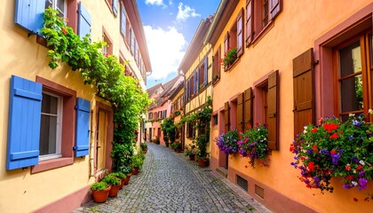 Cobblestone street lined with colorful buildings and vibrant flower boxes in Colmar, France